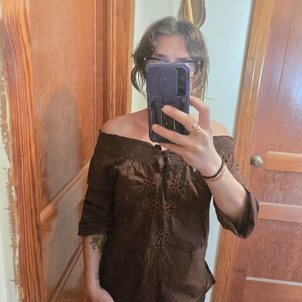 Boho Beaded Brown Off-Shoulder Top Size Medium